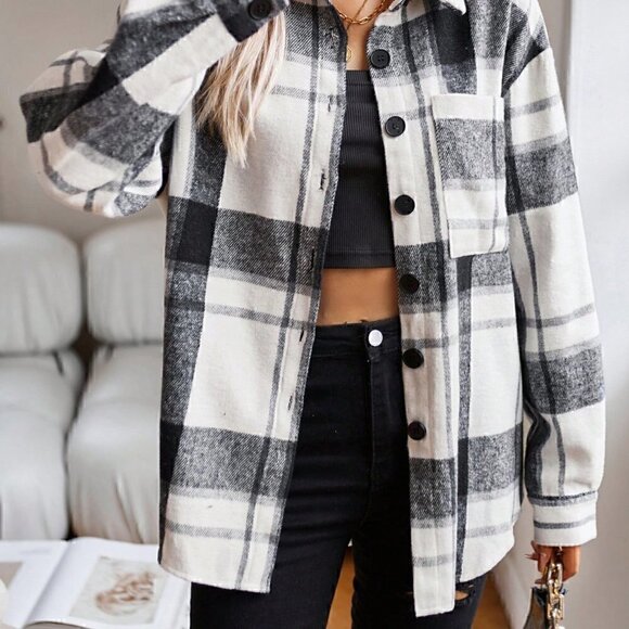 Black and White Casual Womens Plaid Print Drop Shoulder Shirt - Picture 5 of 7